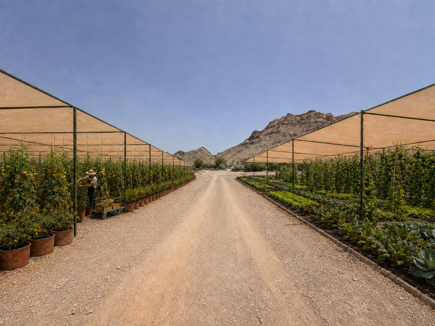 Shaded growing rows of tomatoes and greens along the central track at the Waha & Wild farm in Ras Al Khaimah